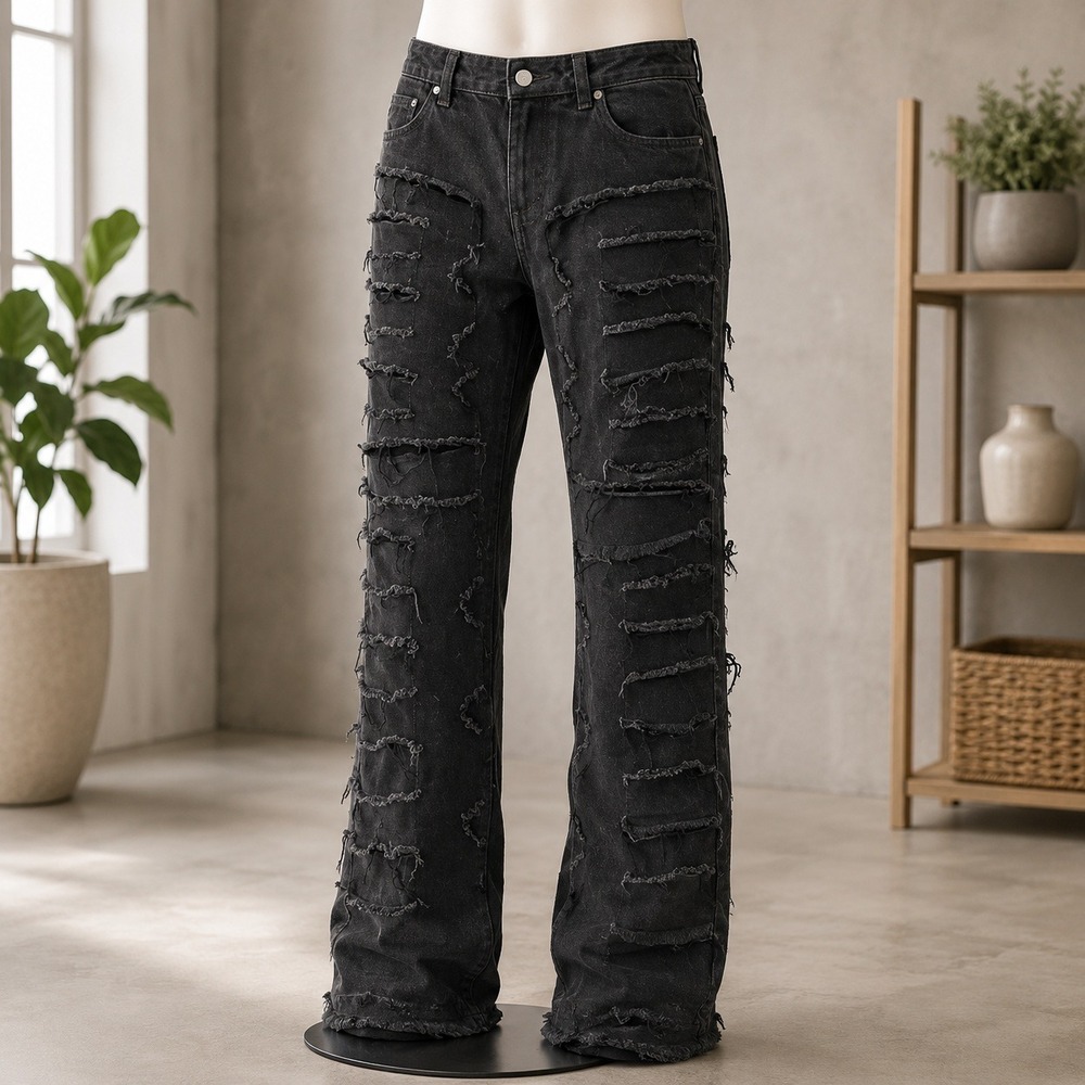 NWT ROMWE Distressed Denim Jeans Men S Black Frayed Streetwear Pants 1288